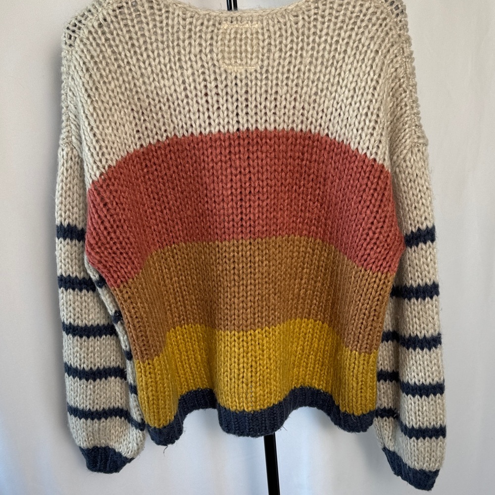 Rip Curl Cream Crewneck Sweater with Pink, Tan, Yellow & Navy Stripes - Picture 9 of 11